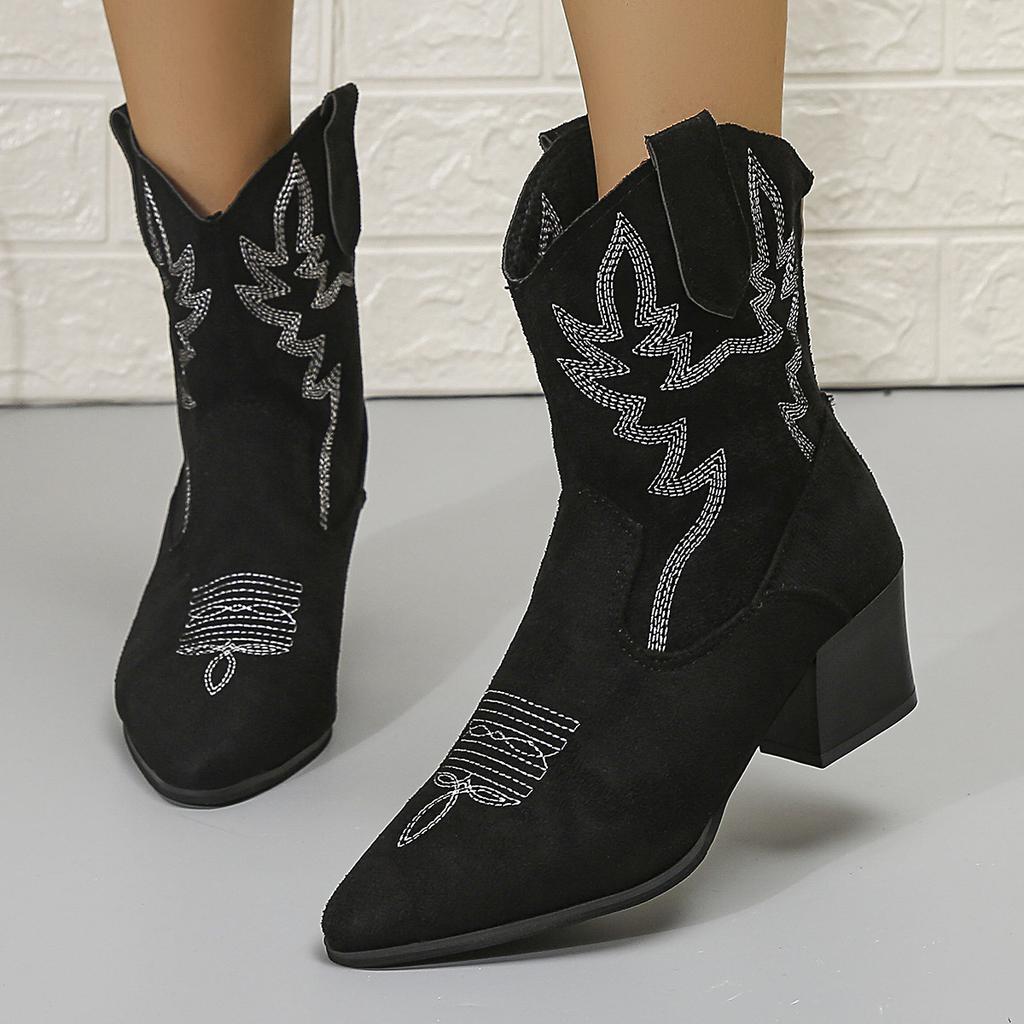 Fashion Embroidered boots for women in plus size thick heel retro ethnic style comfortable versatile anti slip temperament women's shoes