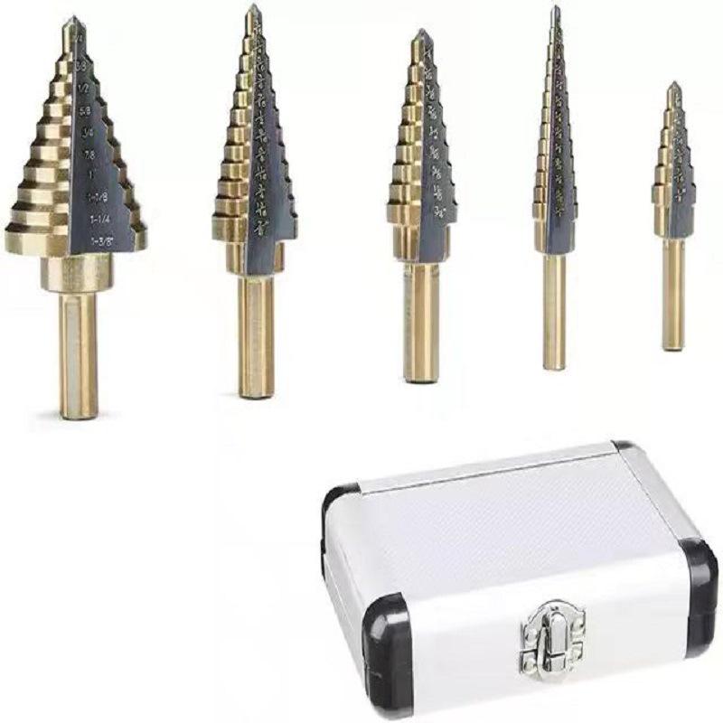 6-Piece Tapered Reamer Set with Titanium & Zinc Plating In Aluminum Box for Center Positioning, Drill, Iron, and Stainless Steel.