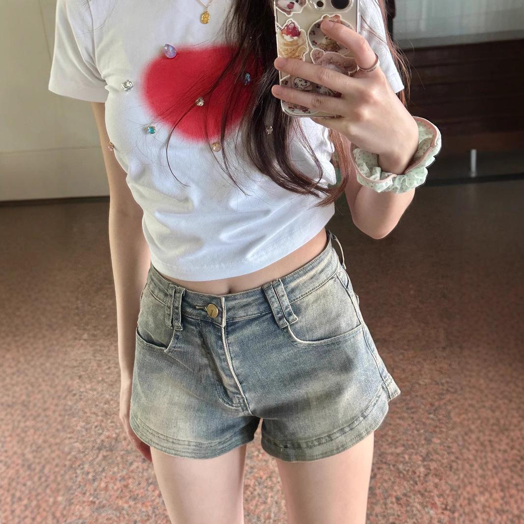 

Американский ретро 2025 женские потертые винтажные А-силуэта летние шорты - стройнящие, удобные, повседневные, универсальные. Large синий