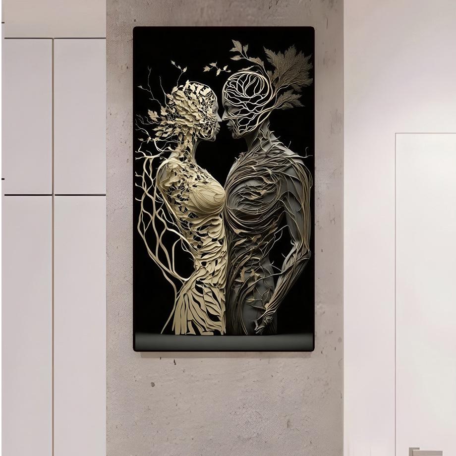 Modern Black & White Double Canvas Painting with Intricate Floral Figures