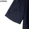 VONDA Elegant Women Casual Lapel Neck Short Sleeve Solid Color Ruffled Dress