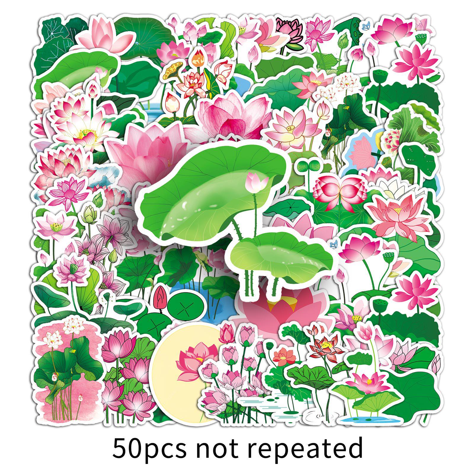 

50 Водонепроницаемых стикеров с листьями лотоса и цветущими растениями для скейтбордов, компьютеров, планшетов и чемоданов.