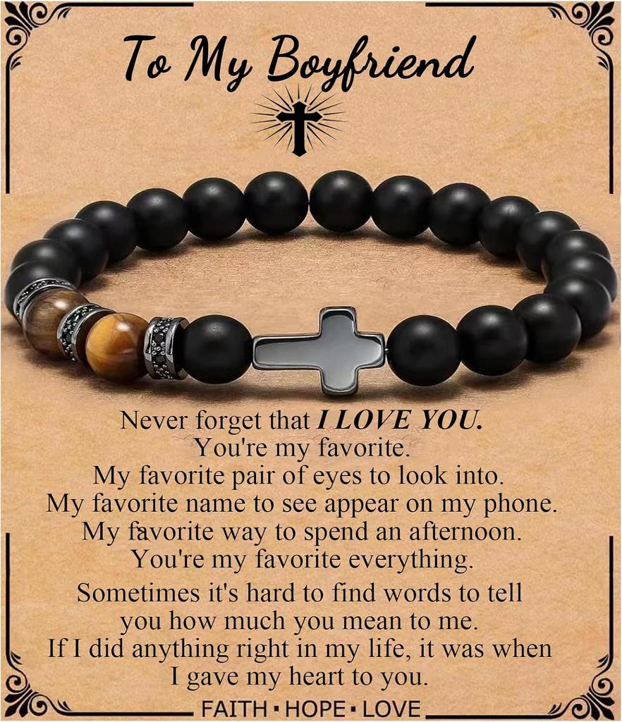 Kreuz Armband für Männer Sohn Bruder Taufe Kommunion Geburtstag Jahrestag Weihnachten Christlich Schwarze Tigerauge Perlen Schmuck