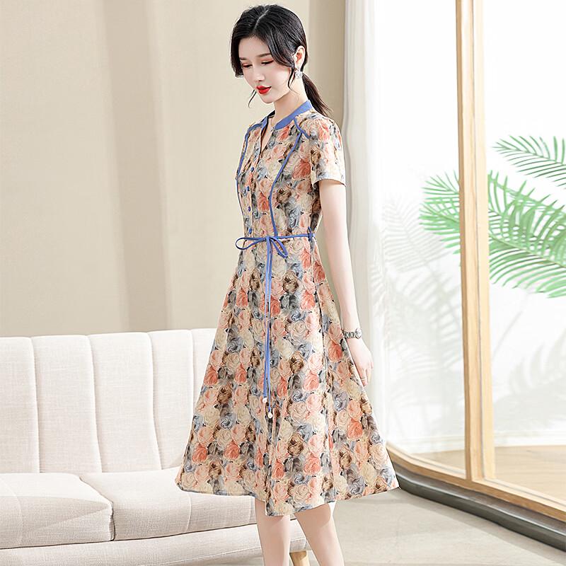Elegant Floral Print V-Neck Summer Dress L