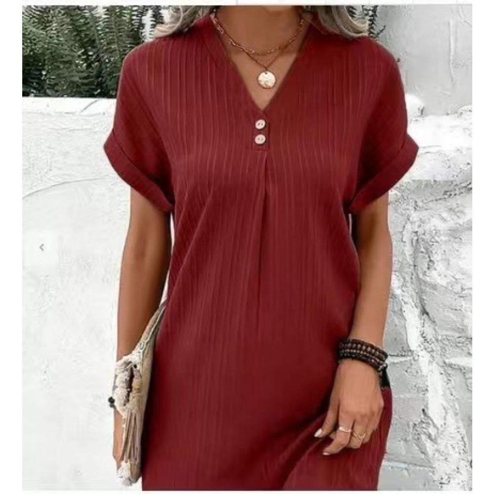 New Women's V-neck Solid Color Pullover Casual Button Dress