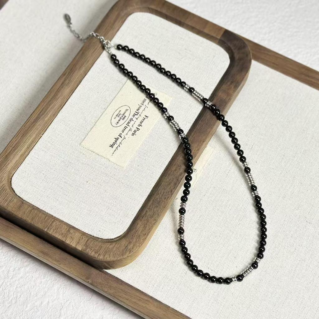 Niche Design Black Spinel & Freshwater Pearl Necklace in Titanium Steel