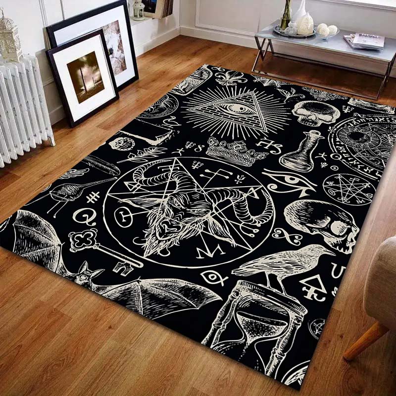 1 st. Matta med mönster av mörka runor för vardagsrum, sovrum, sängkant, soffa, golvmatta, modern heminredning, matta för gång, korridor, område