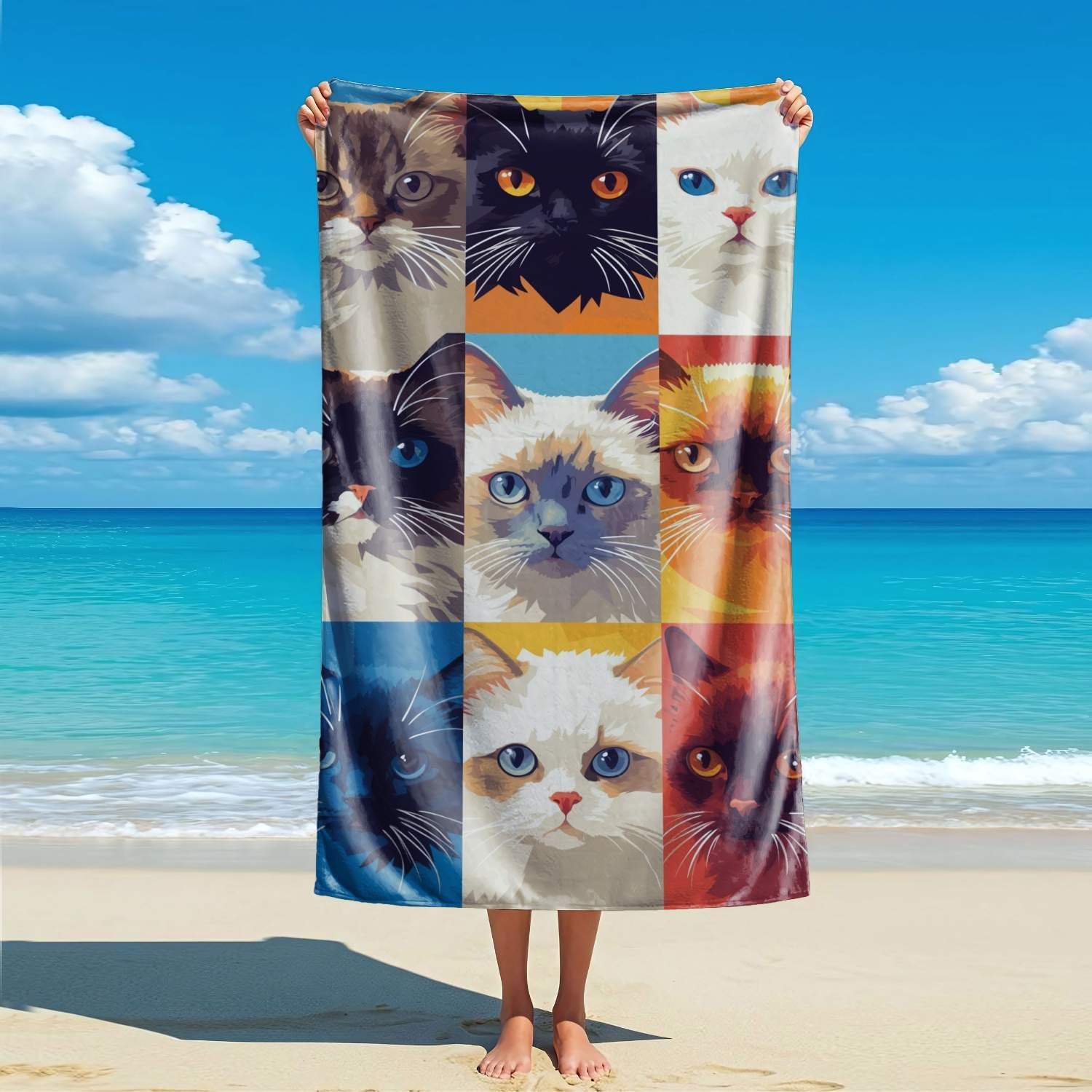 

Whimsical Collage Purrfect Patchwork Cat Beach Towel, Cute Kitten Oversized Quick Dry, Sand Free Lightweight Travel Pool Mat W30*H60(CM)