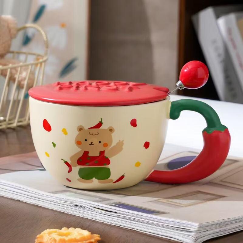 

Cute Chili Bear Ceramic Mug with Lid & Spoon