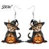 Curved Ear Hooks 1 Pair Halloween Witch Cat Earrings for Women, Acrylic Cute Hang Tag Kitten Dangle Drop with Pumpkin, Party Costume Accessories