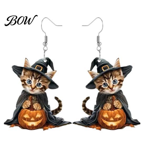 Curved Ear Hooks 1 Pair Halloween Witch Cat Earrings for Women, Acrylic Cute Hang Tag Kitten Dangle Drop with Pumpkin, Party Costume Accessories