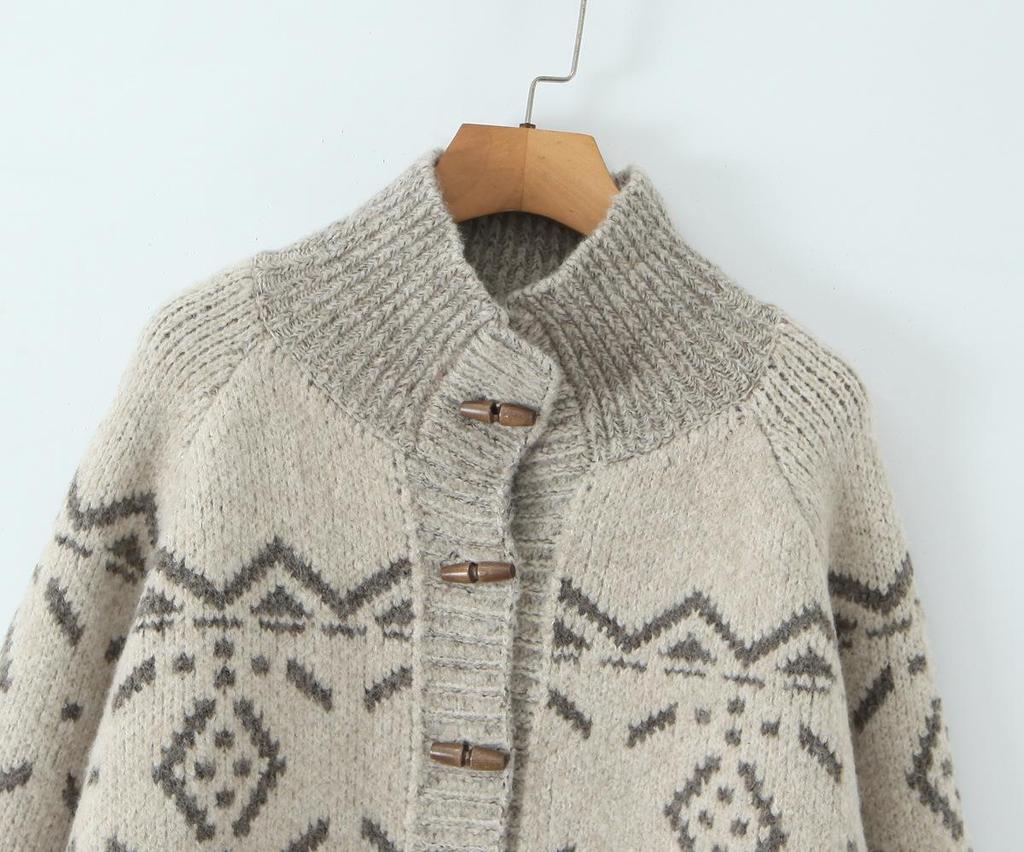 Women's Retro Color-Block Jacquard Knit Cardigan for Autumn/Winter