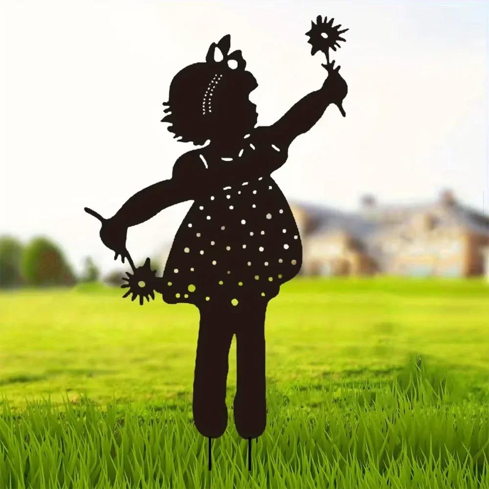 Stunning Little Girl Holding Flowers Garden Stake! Outdoor Decoration Marker. Girl ground.Metal Yard Art with Creative Openwork.