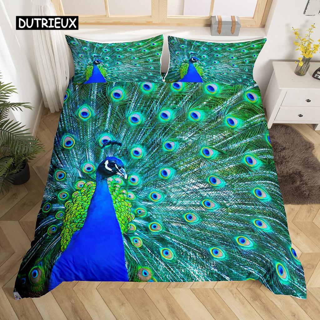 Set Husă Plapumă Păun Elegant Superb Albastru Pene Husă Plapumă Fete Femei Roz Flori Păsări Animal Poliester Husă Plapumă
