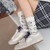 Trendy Korean Grey Mid-Calf Socks with English Letters & Cute Cat Label - Preppy Style