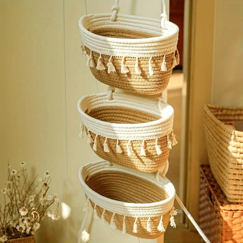 

1pcs Handwoven 3-Tier Double Tassel Hanging Basket Wall-Mounted Storage Organizer Woven Basket for Bathroom Kitchen Bedroom хаки