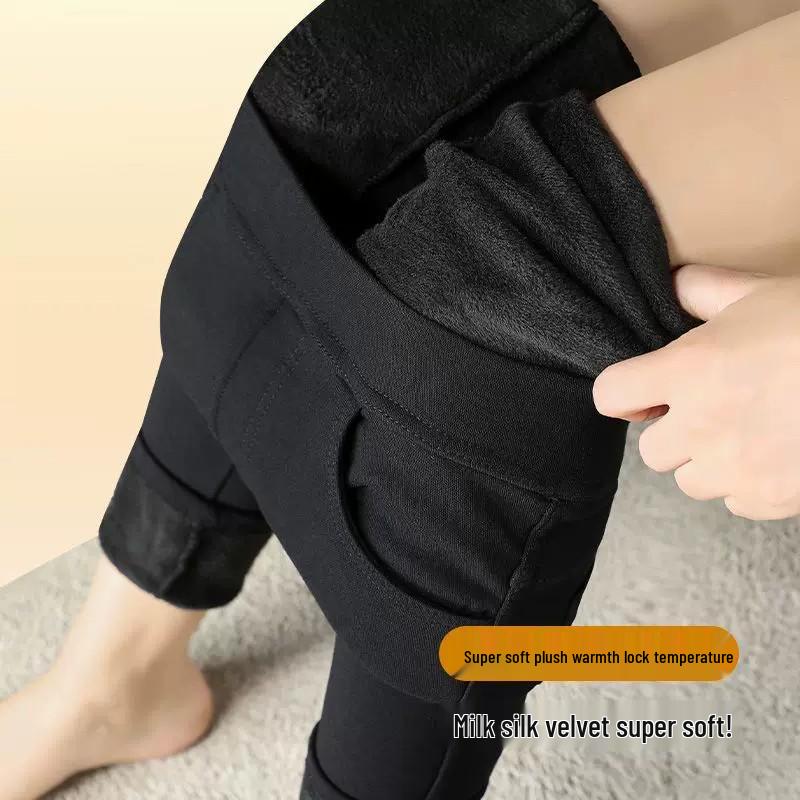 High-Waist Fleece-Lined Black Leggings for Women: Perfect for Autumn & Winter, Elastic, Tight-Fitting, Plus Size Available, Skinny Pencil Pants.