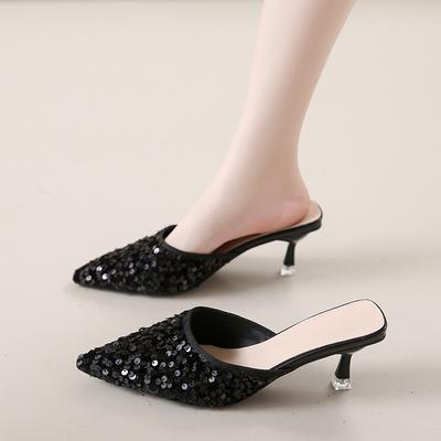 CRLAYDK 2024 Zomer Dames Sandalen met Hak Pailletten Gesloten Puntige Neus Feestelijke Instappers Bruiloftsschoenen Comfortabele Muiltjes