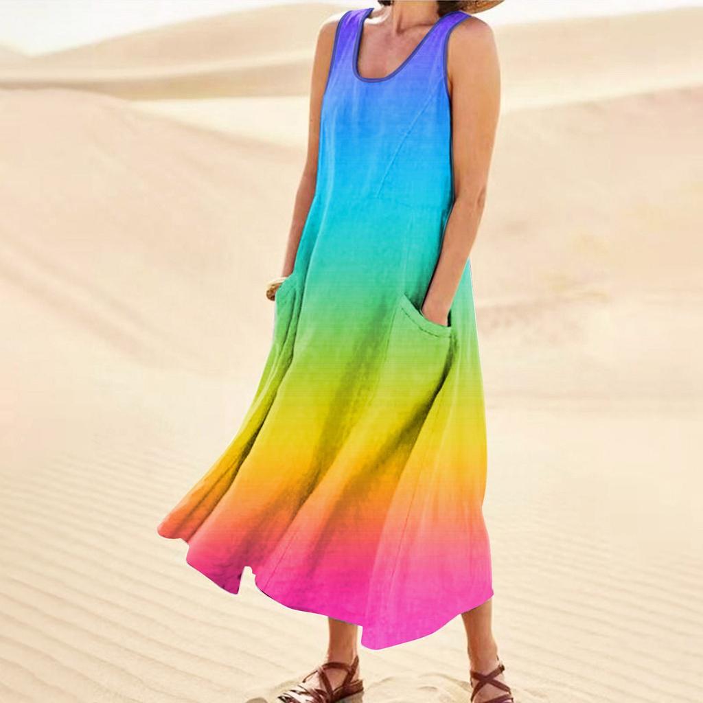 Lässiges, bequemes, ärmelloses Baumwolltaschenkleid mit Farbverlaufsdruck für Damen