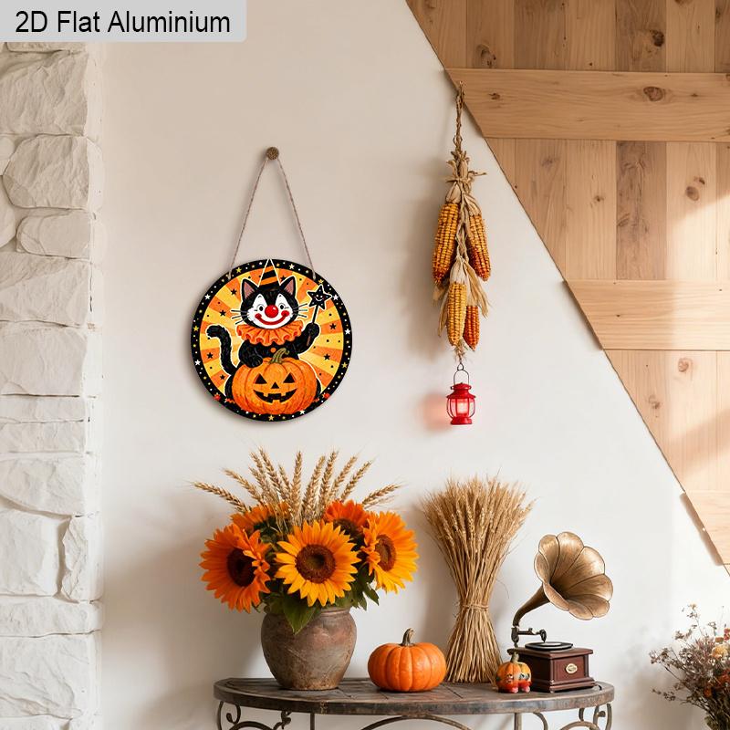 2D Flat Aluminium Halloween Sign with Black Cat & Pumpkin Pattern - Halloween Figurine Ornaments - Ideal for Front Door, Wall, Porch, Fence Decor