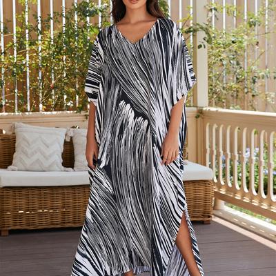 Women's Fashion Vacation Summer Spring Black and White Oblique Line 1/2 Sleeves V-Neck Casual Dresses