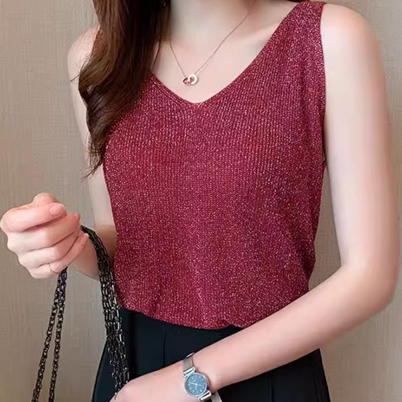 Korean Elegant Shiny Silk V-Neck Sleeveless Versatile Casual Knitted Vest For Women