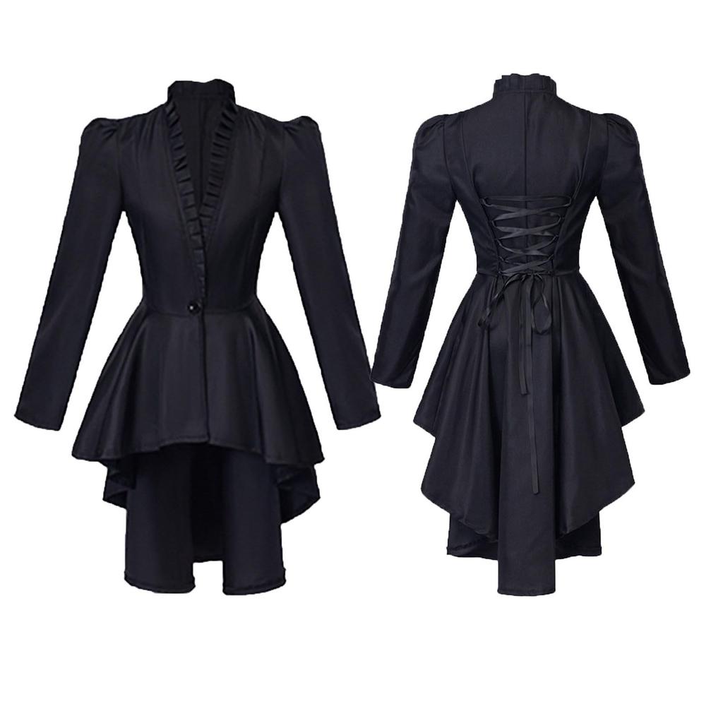 Halloween Carnival Dress Up Party Outfit Coat Medieval Victorian Dress Costume Women Tuxedo Tailcoat Gothic Steampunk Trench Hem