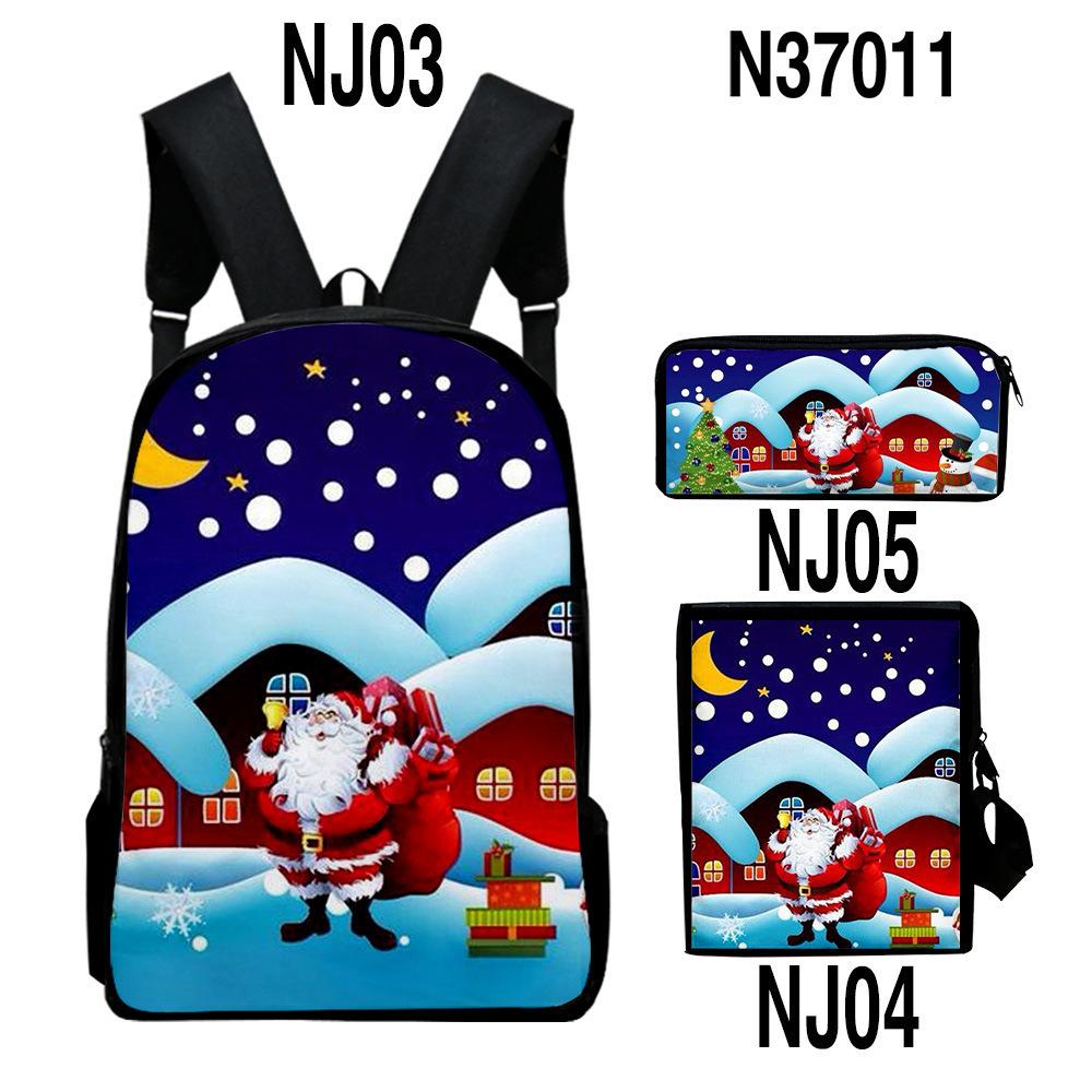 Classique Original Joyeux Noël Impression 3D 3 pièces/Ensemble élève Sacs d'école Sac à dos pour ordinateur portable Sac à dos Sac à bandoulière incliné Trousse