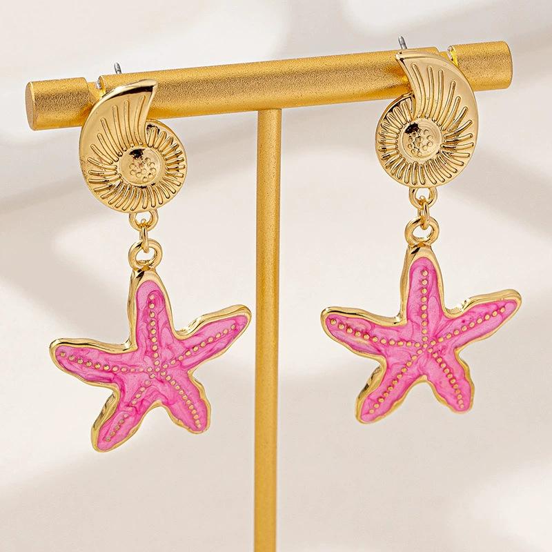 Fashion Childlike Ocean Starfish Conch Earrings Beach Vacation Wind Metal Color Women's Earrings