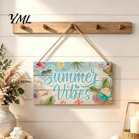 Beach House Wall Sign Summer Wooden Hanging Sign, Theme Welcome Front Door Decor with Themed Gifts Rope, Colorful Hanger for Seasonal Farmhouse Floral