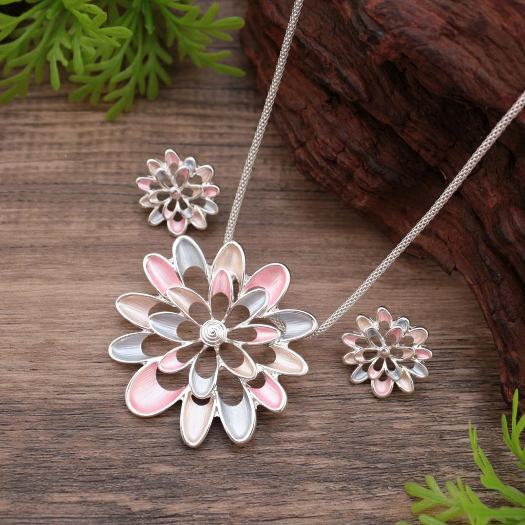 New Enamel Color Hollow Sunflower Stud Earrings Long Pendant Set, Women's High-end Flower Long Necklace