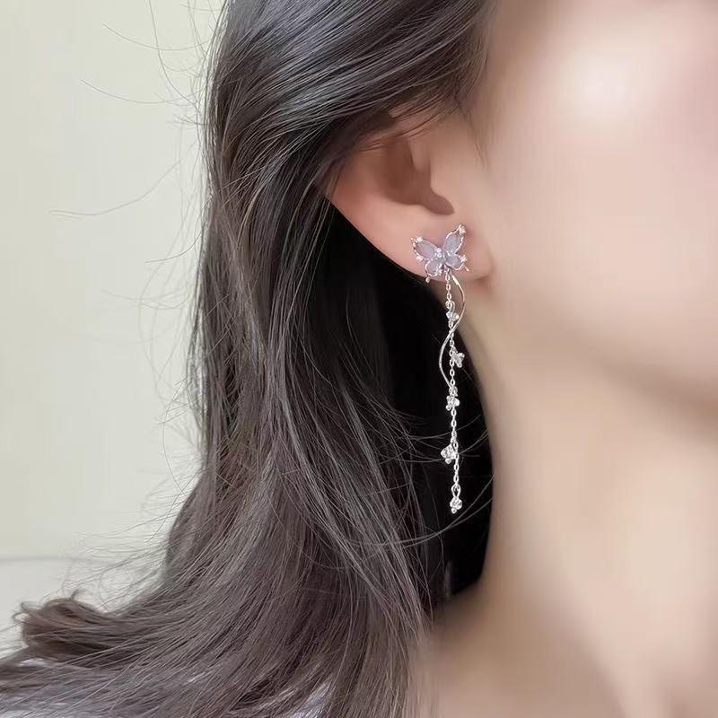 Cute Exquisite Shiny Butterfly Long Tassel Earrings Sweet Earrings Wedding Jewelry