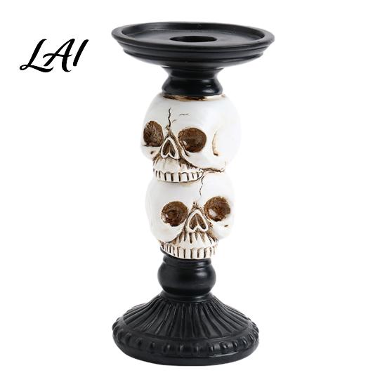 Decorative Candle Holder Gothic Pillar Holder Resin Raven Skull Candlestick Halloween Table Decoration Indoor Tealight Stand for Tabletop Holiday