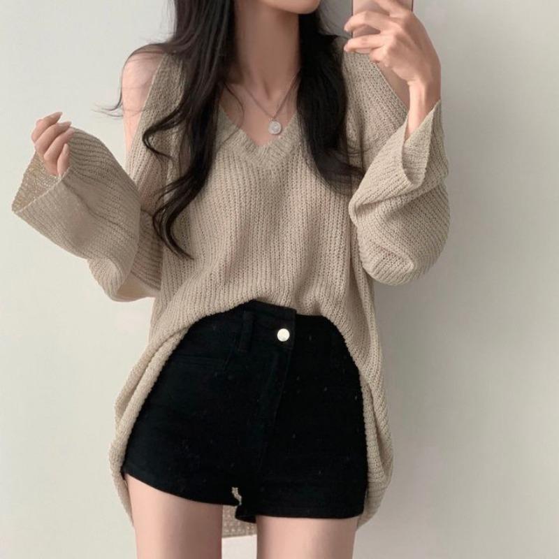 Chic Loose V-neck Off Shoulder Casual Knitted Pullovers Women Summer Thin Long Sleeve Knitwear Women Solid Elegant Fashion Sweater Woman Clothes 26587