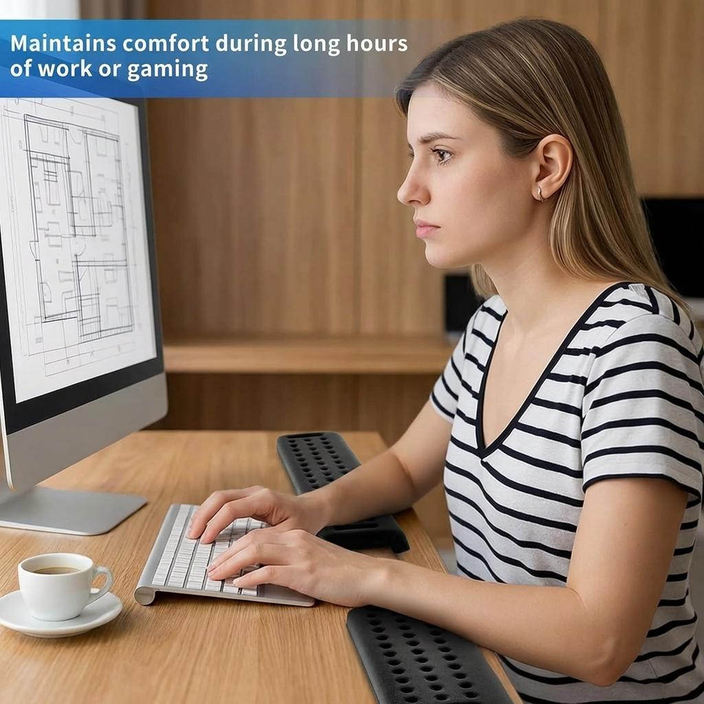 1-piece L-shaped Desk Edge Keyboard Tray and Wrist Rest Suitable for Long Arms Elbows Forearms and Wrists. Provides Comfortable Elbow Support for