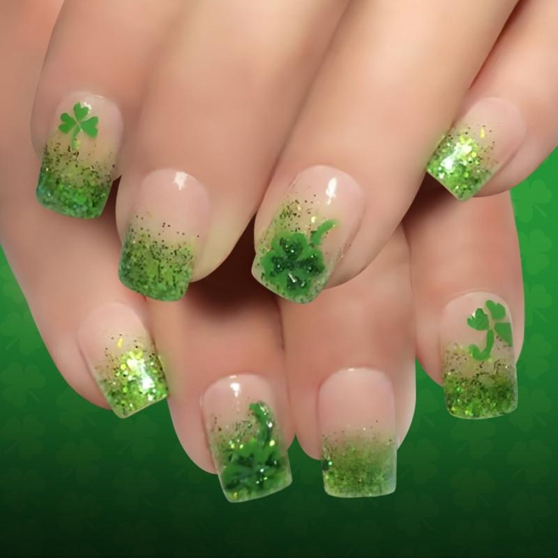 

User Friendly ABS Short Glossy Press On Nail 24Pcs Artificial Nail Festive Green Shamrock Glitters French Tip Design 1