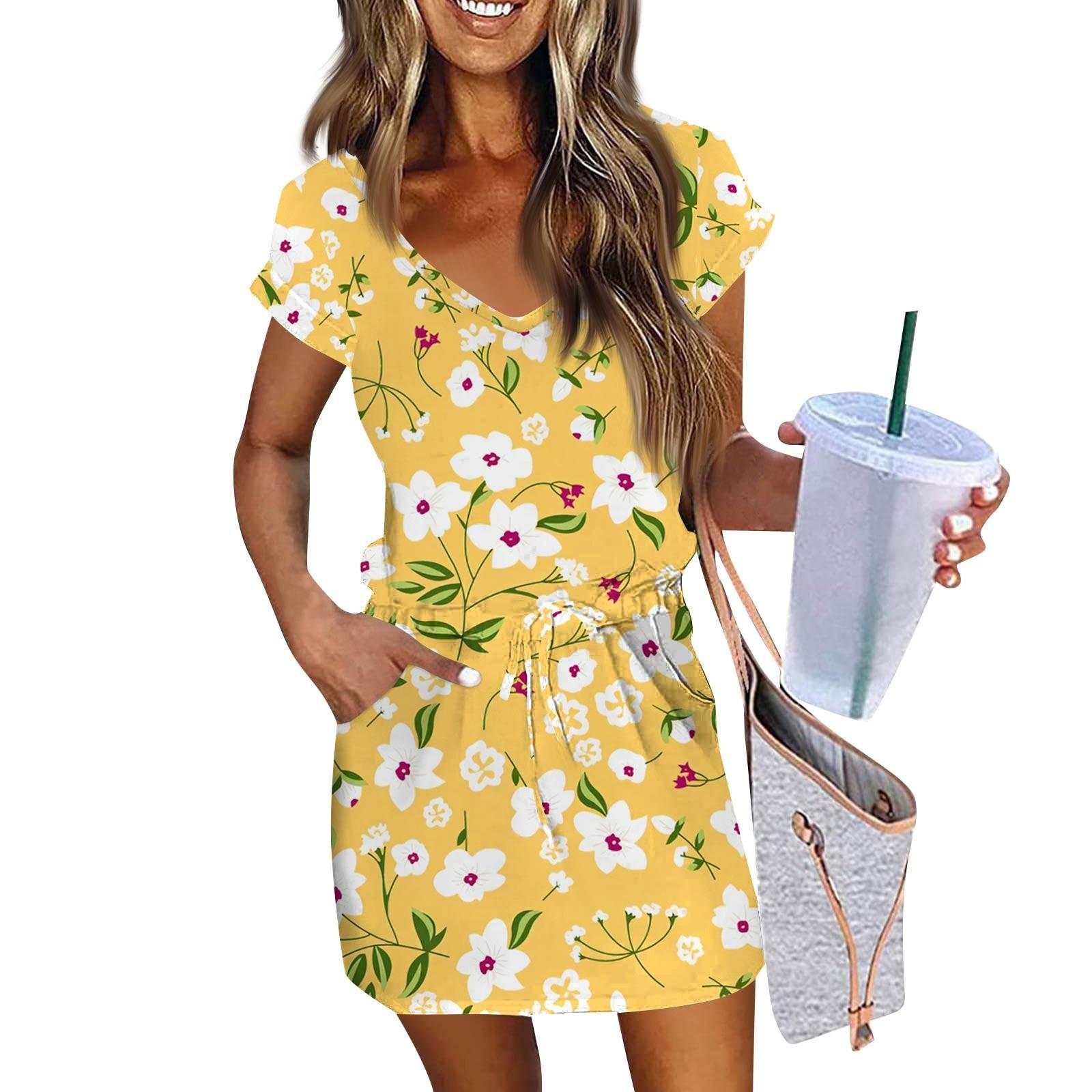 

Women s Fashion Casual V-Neck Short Sleeve Drawstring Floral Print Dresses L помаранчевий