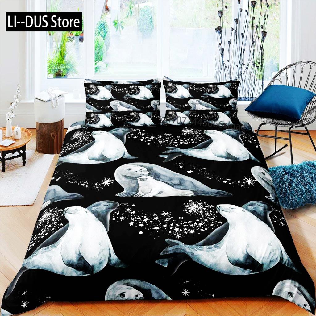 3D Sea Lion Duvet Cover King/Queen SizeCute Cartoon Sea Lion Sleeping Print Bedding Set For Kids Boysocean Animals Quilt Cover