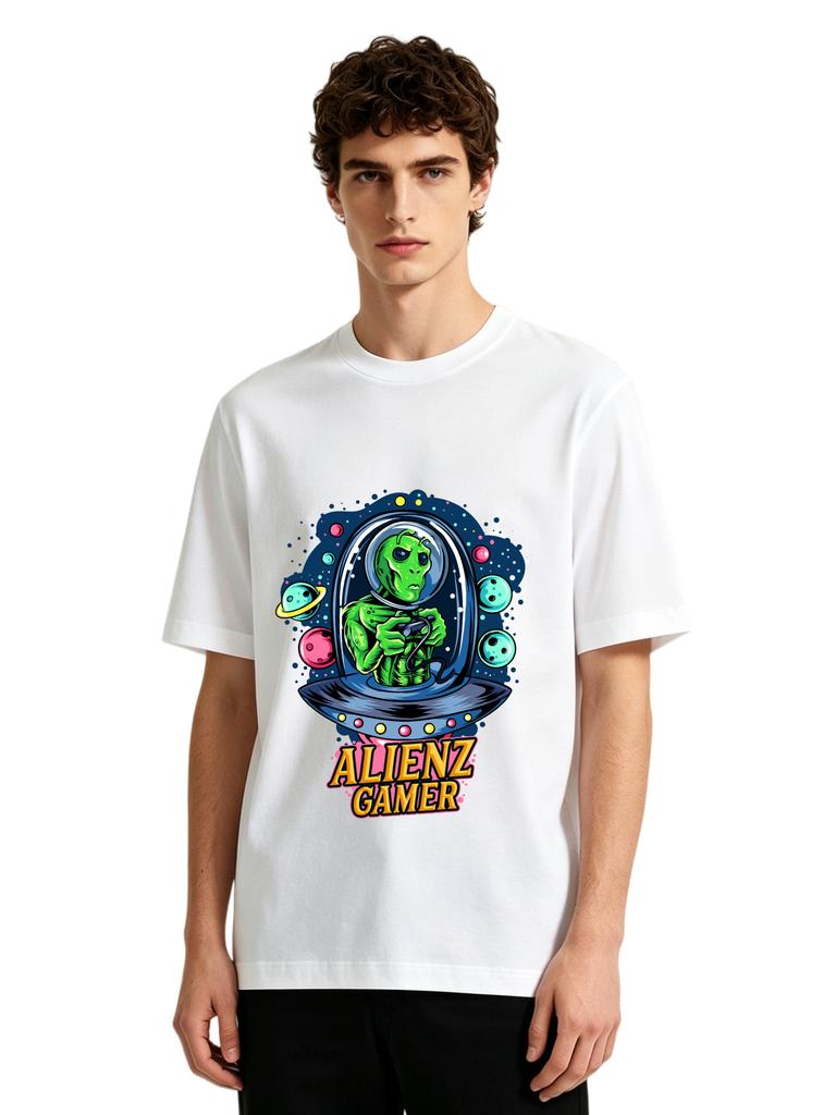 Mens Alien Gamer Ufo Graphic Tshirt Retro Space Print Casual Short Sleeve White Cotton Tee