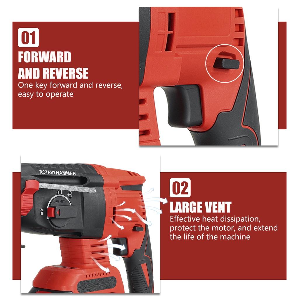 3 IN 1 Brushless Cordless Rotary Hammer Drill 588VF Rechargeable Electric Hammer Impact Drill for 18V Battery
