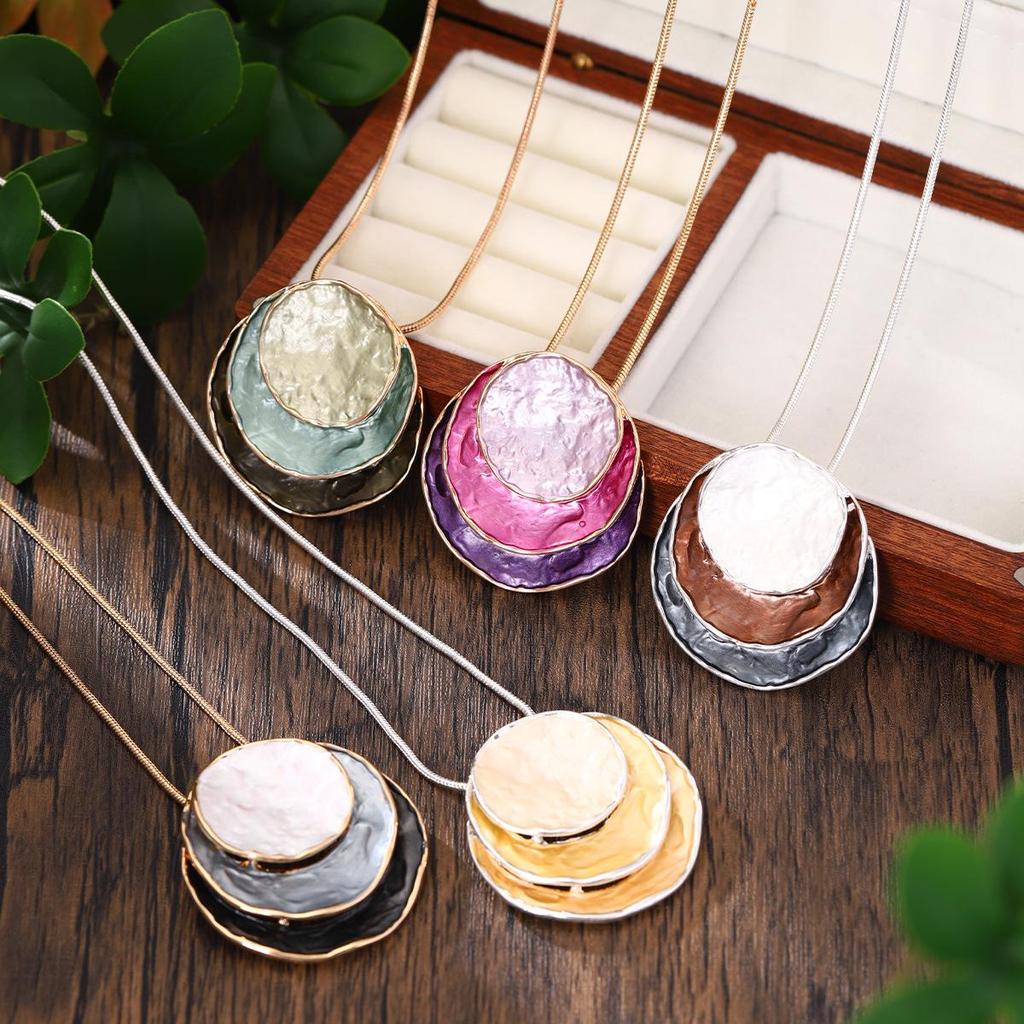 Bohemian Geometric Round Necklace: Multicolor Layered Enamel Zinc Alloy Sweater Chain