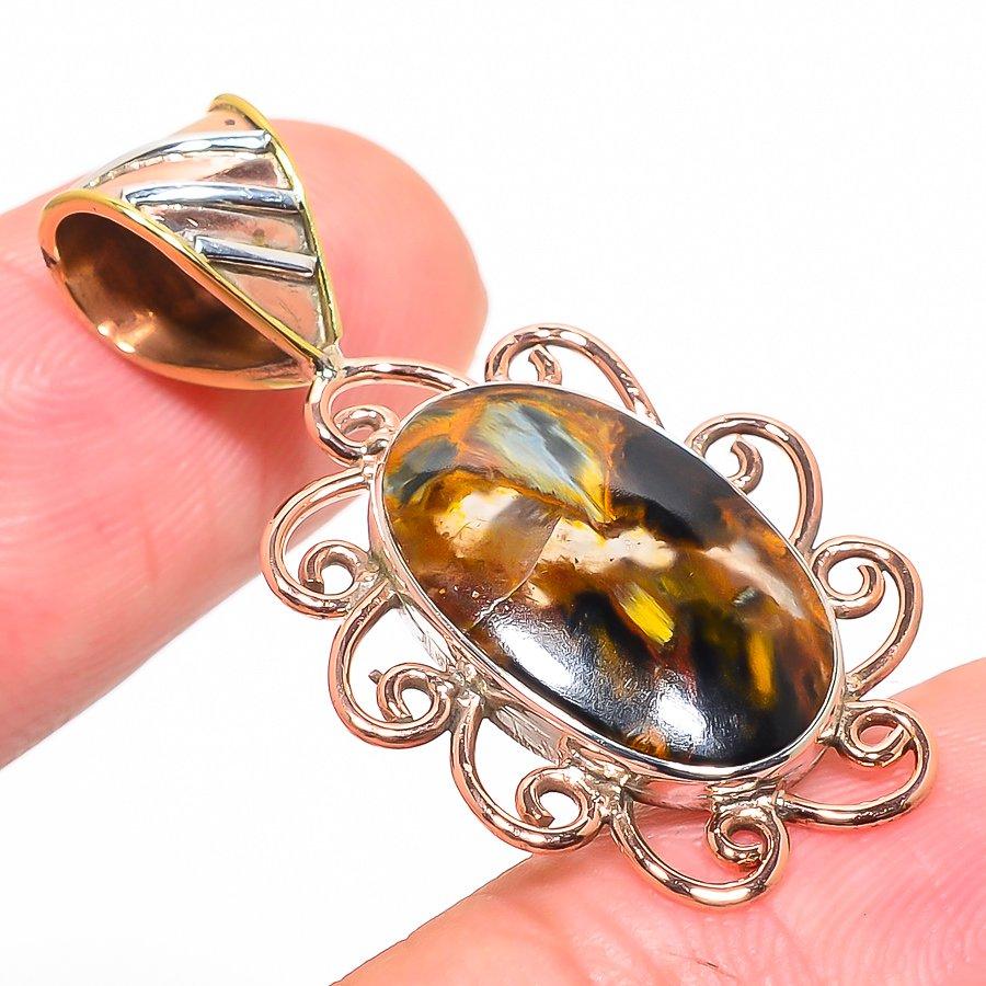 Natural Pietersite Gemstone TwoTone 925 Solid Sterling Silver Pendant 1.50" g3Z89