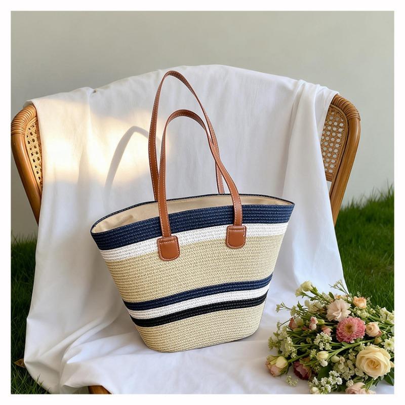 Damen Große Kapazität Gewebte Eimer Tasche Einzelne Schulter Handtasche Farbblock Mode Strandtasche