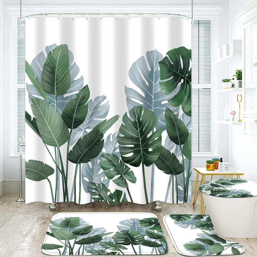 Blue Green Leaves Shower Curtain Set With Non-Slip Rug Toilet Lid Cover Bath Mat And Hooks Plant Leaf Vine Waterproof Decor Sets