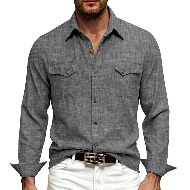 Plus Size Mens Solid Long Sleeve Turn Down Collar Double Pockets Casual Button Shirt M серый