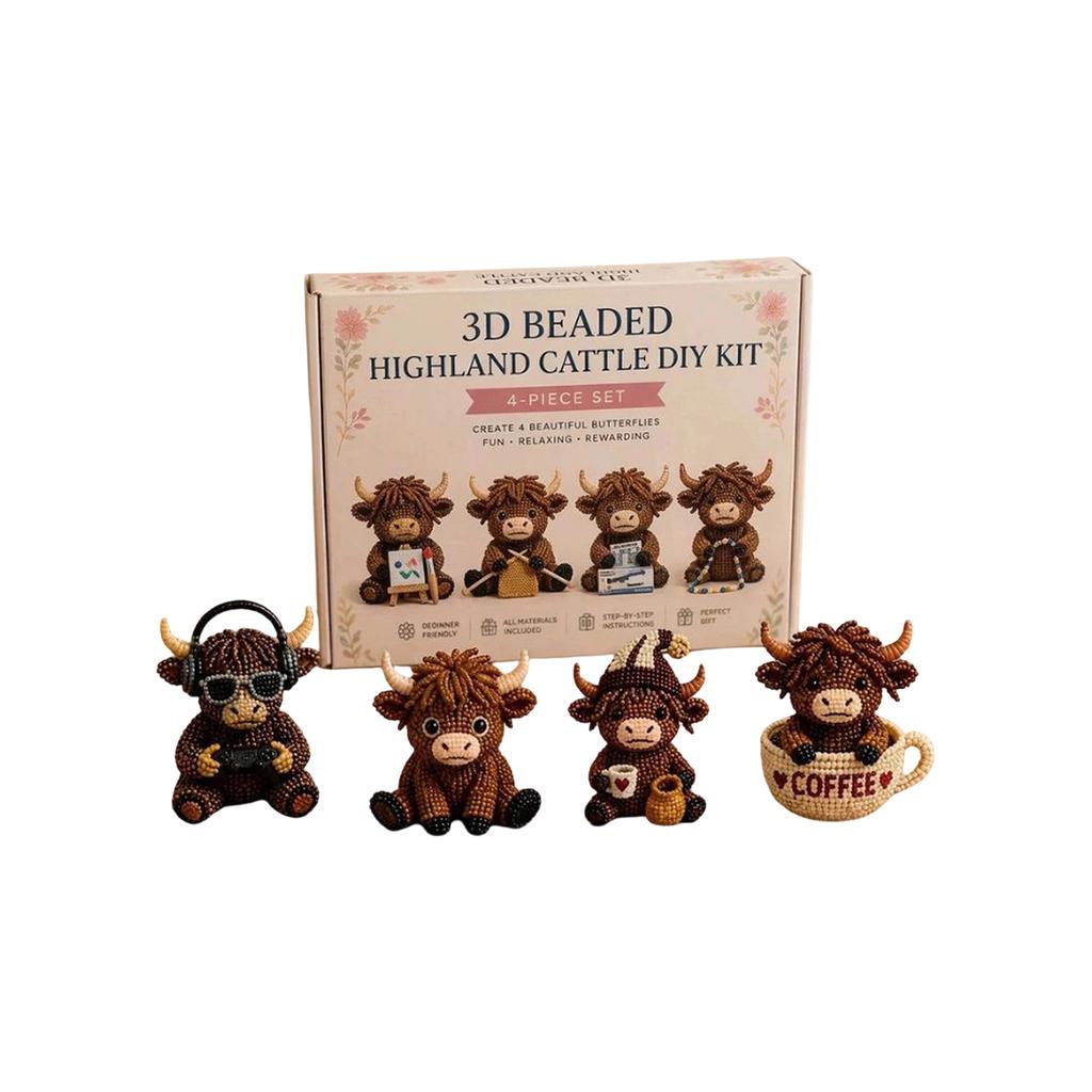 3D Beaded Highland Cattle DIY Kit 4-Piece Set Handmade Craft Kit Includes Detailed Instructions for Creating Small Decorative Figurines