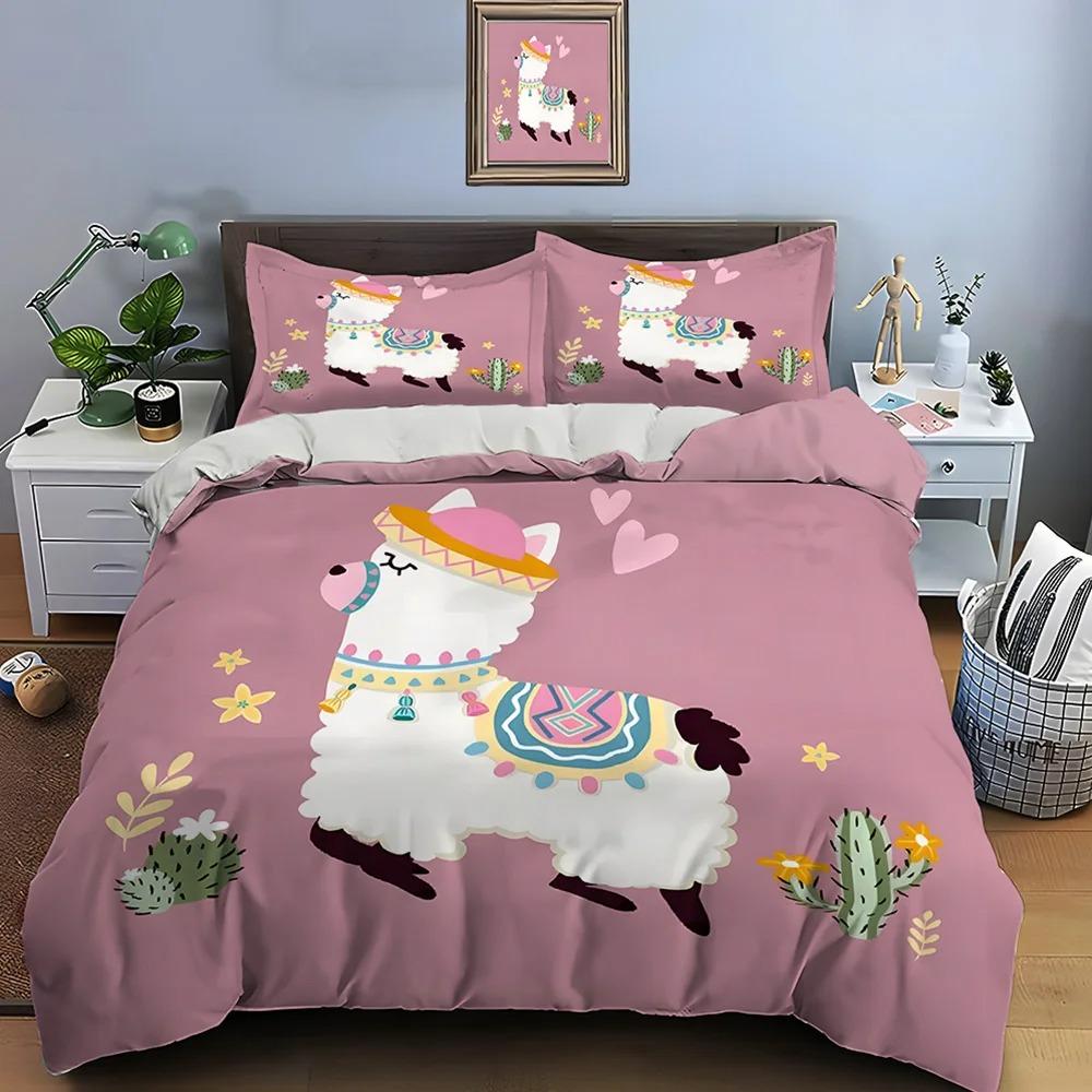 Cute Cartoon Llama Alpaca Print Bedding Set 1 Duvet Cover 1/2 Pillowcases Adult and Children Bedding Set Luxury Gifts