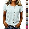 Women's Casual Short Sleeve Round Neck T-Shirt Button Front Polka Dot Print Lightweight Soft Fabric Top for Everyday Wear