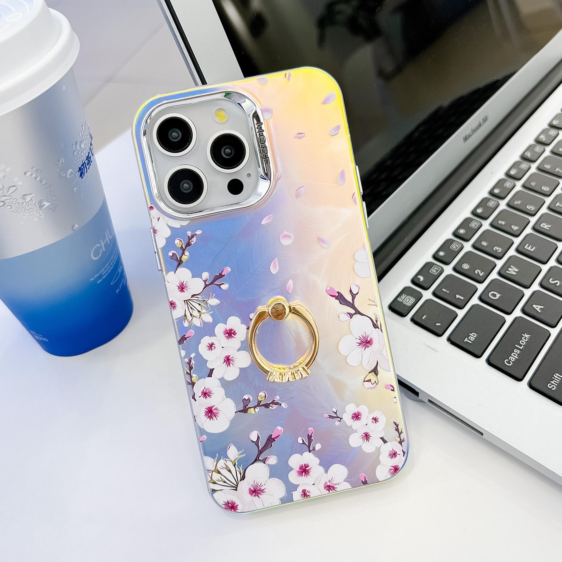 

For IPhone 16 ProMax Phone Case for Apple 15 Ring Holder Electroplated Laser Flower Protective Cover For iPhone13Promax