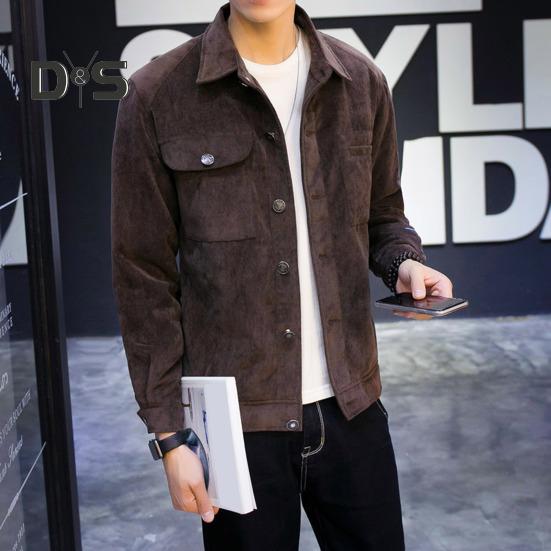 Autumn Winter Cargo Coat Lapel Long Sleeve Solid Color Suede Jacket with Pockets Buttons Closure Men Casual Outwear